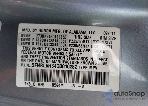 2012 Honda Odyssey Ex-L from USA, damaged, VIN 5FNRL5H64CB010282